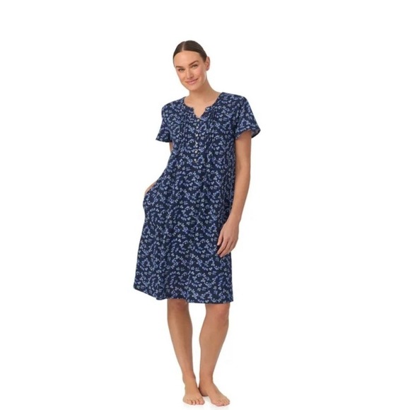 Aria Nightgown Plus 3X Navy Blue Floral Midi Pockets Short Sleeve Brushed Cotton - Picture 1 of 13